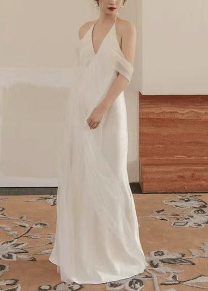 Dinner White V Neck Tulle Patchwork Maxi Dresses Sleeveless ZL057 SH-LF-SDL240621