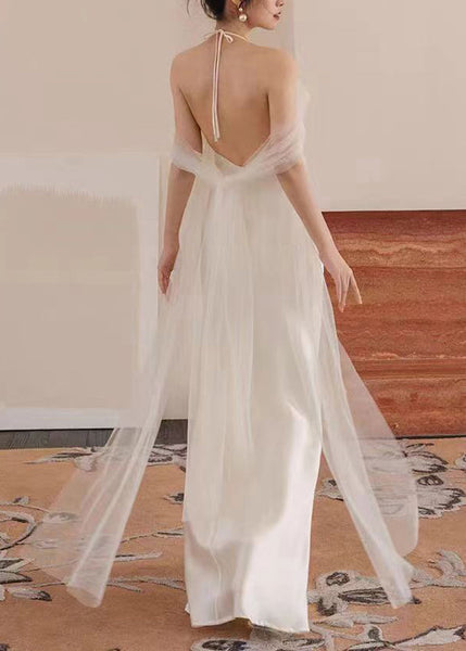 Dinner White V Neck Tulle Patchwork Maxi Dresses Sleeveless ZL057 SH-LF-SDL240621