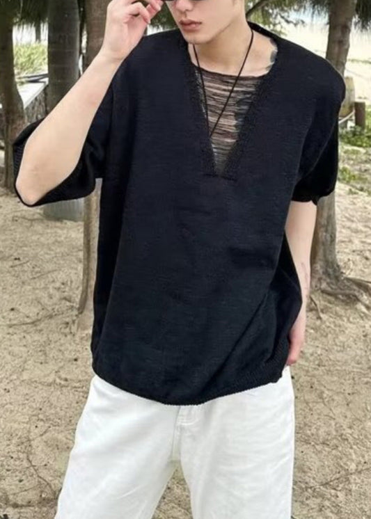 Ripped T Neck Men Cotton Summer Shirt Diy V White FashionChic