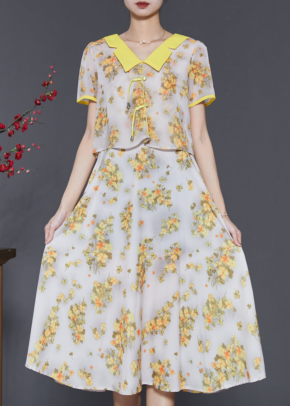 Diy Yellow Tasseled Print Draping Chiffon Long Dress Summer SD1059 Ada Fashion
