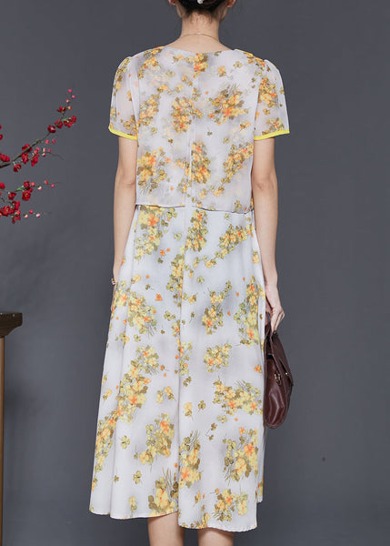 Diy Yellow Tasseled Print Draping Chiffon Long Dress Summer SD1059 Ada Fashion
