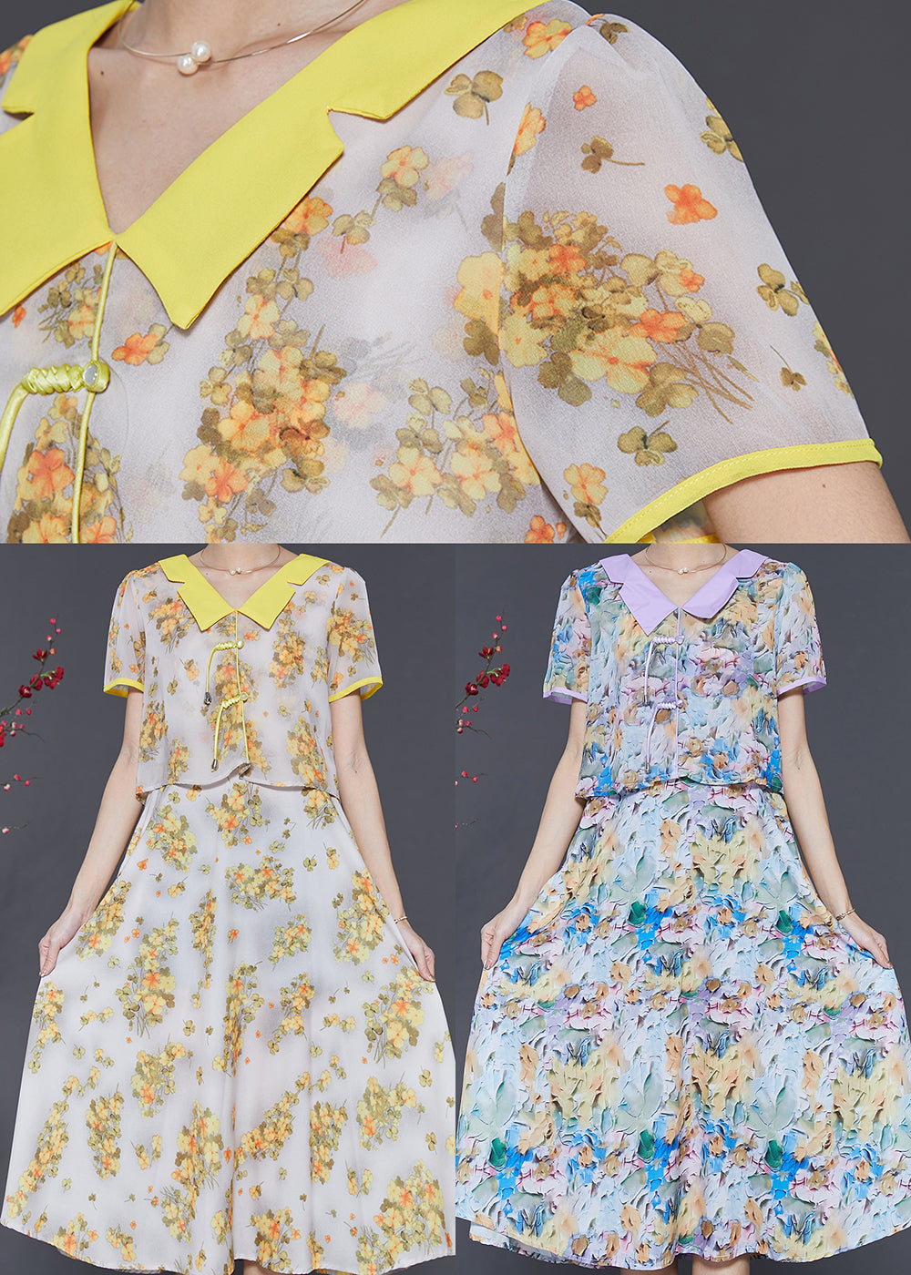 Diy Yellow Tasseled Print Draping Chiffon Long Dress Summer SD1059 Ada Fashion