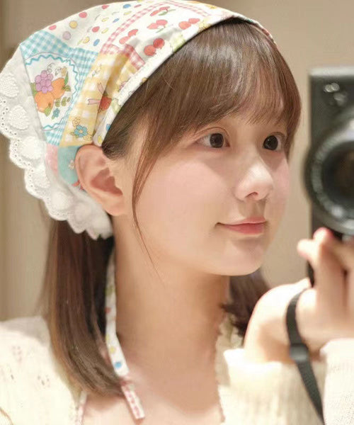 Dopamine Cute Print Lace Patchwork Headband Scarf YU1005 Hat-HAT240528