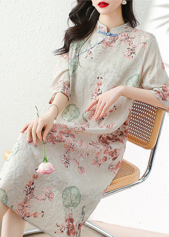 Elegant Apricot Button Print Linen Dress Half Sleeve JH012 MMDM-SDL240717