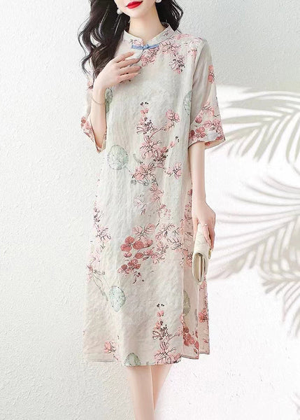 Elegant Apricot Button Print Linen Dress Half Sleeve JH012 MMDM-SDL240717