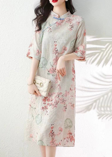 Elegant Apricot Button Print Linen Dress Half Sleeve JH012 MMDM-SDL240717