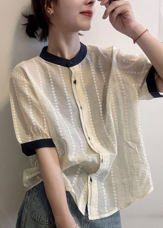 Cotton Apricot Summer Embroidered Elegant Button Shirts FashionChic