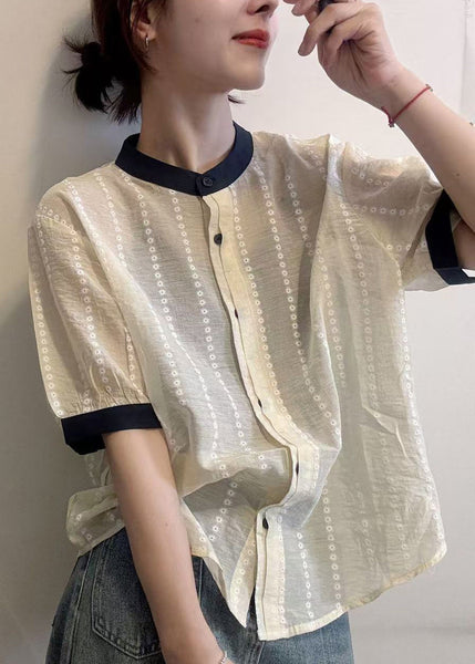 Cotton Apricot Summer Embroidered Elegant Button Shirts FashionChic