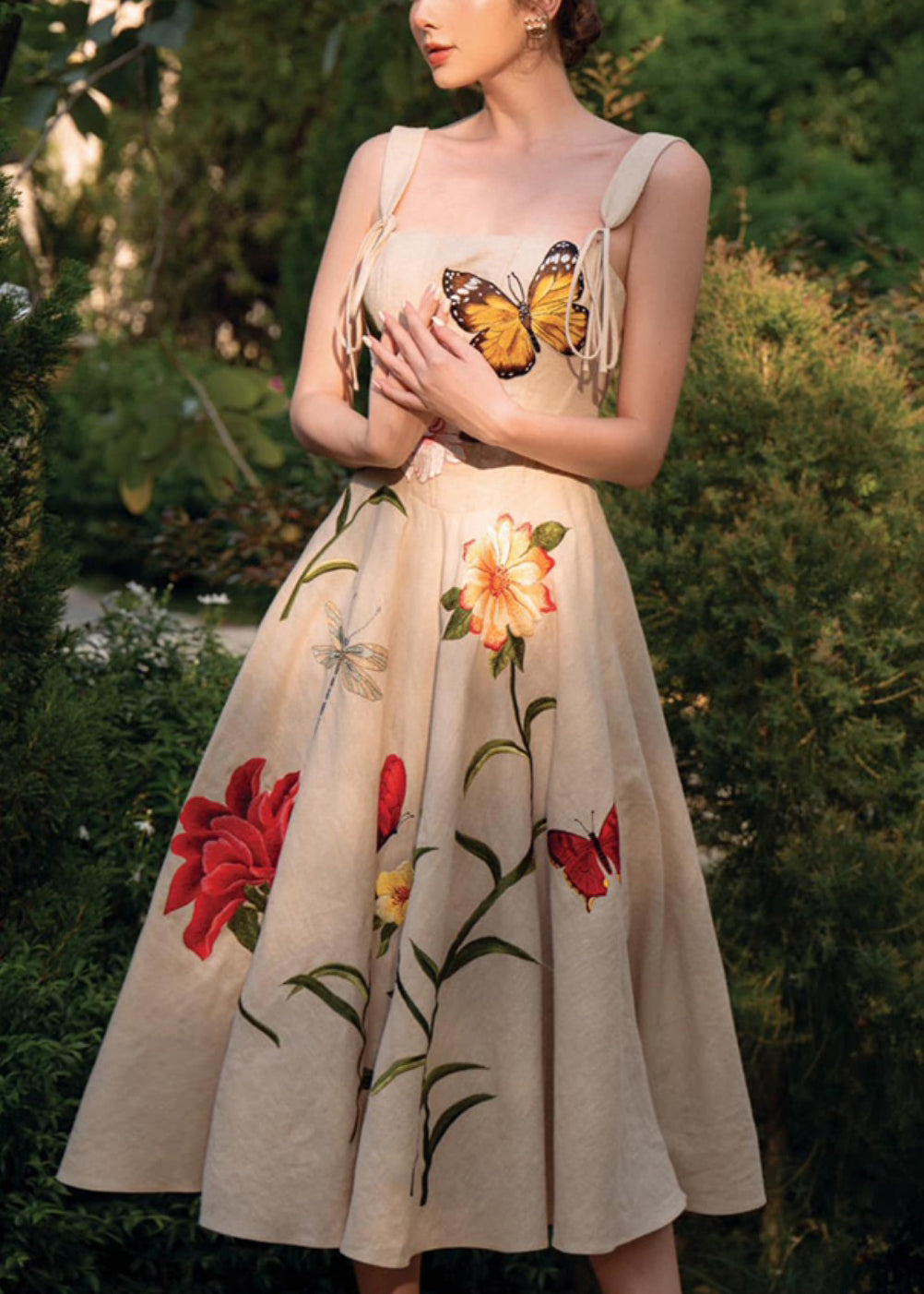 Elegant Apricot Embroidered Lace Up Cotton Dresses Sleeveless KK027 SH-LF-SDL240602