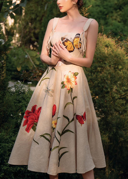 Elegant Apricot Embroidered Lace Up Cotton Dresses Sleeveless KK027 SH-LF-SDL240602