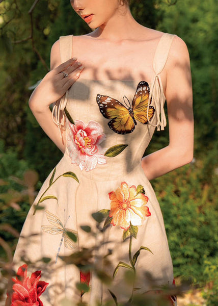 Elegant Apricot Embroidered Lace Up Cotton Dresses Sleeveless KK027 SH-LF-SDL240602