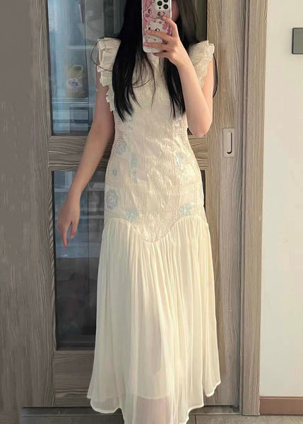 Elegant Summer Embroidered Patchwork Long Wrinkled Apricot Dress FashionChic