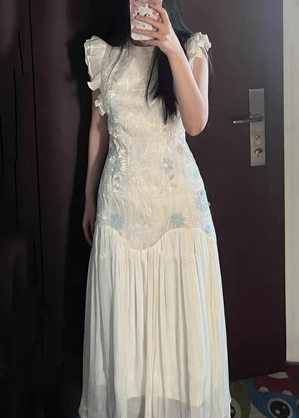 Elegant Summer Embroidered Patchwork Long Wrinkled Apricot Dress FashionChic