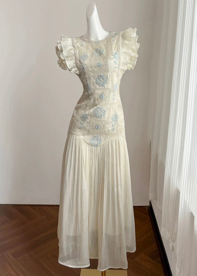 Elegant Summer Embroidered Patchwork Long Wrinkled Apricot Dress FashionChic
