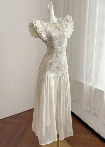 Elegant Summer Embroidered Patchwork Long Wrinkled Apricot Dress FashionChic