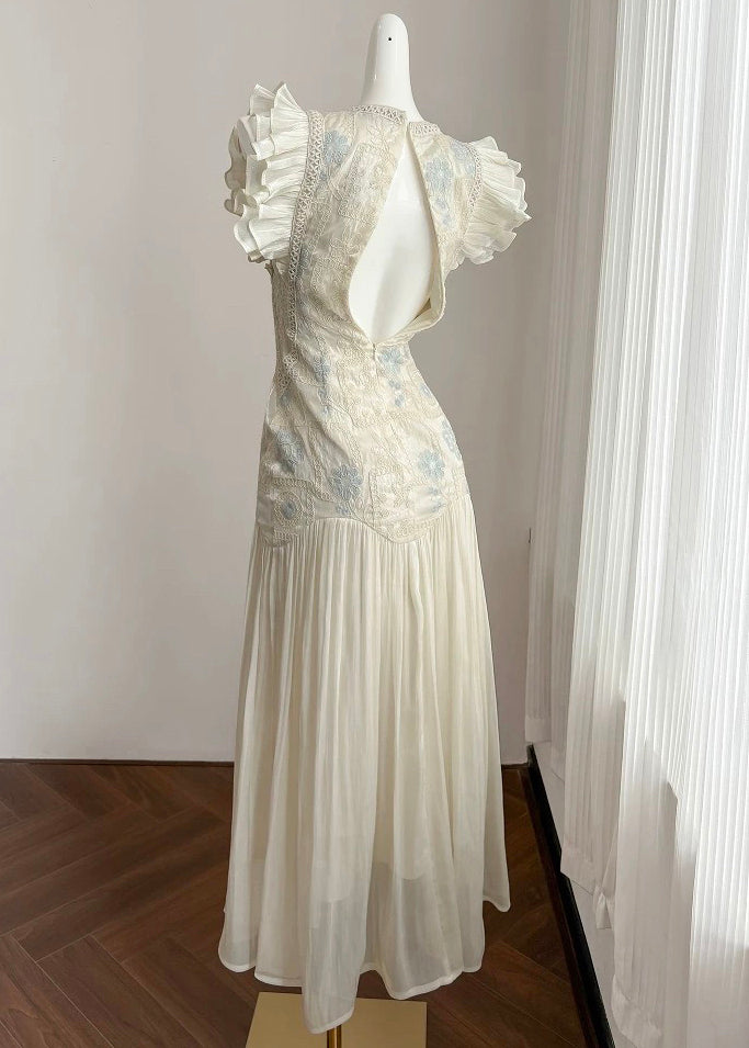 Elegant Summer Embroidered Patchwork Long Wrinkled Apricot Dress FashionChic