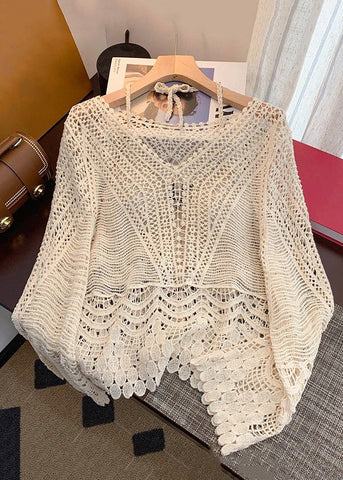Two Set Out Pieces Up Elegant Spring Apricot Knit Lace Hollow FashionChic