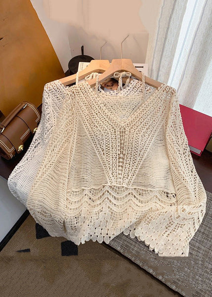 Two Set Out Pieces Up Elegant Spring Apricot Knit Lace Hollow FashionChic