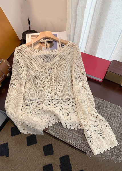 Two Set Out Pieces Up Elegant Spring Apricot Knit Lace Hollow FashionChic