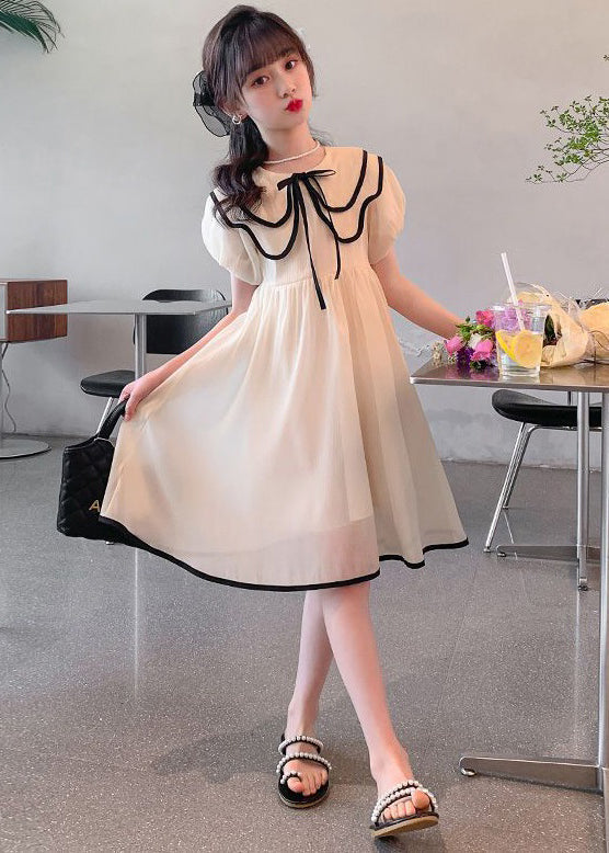 Elegant Apricot Peter Pan Collar Tie Waist Chiffon Girls Dress Summer TT010 WS-RCTZSDGL240815