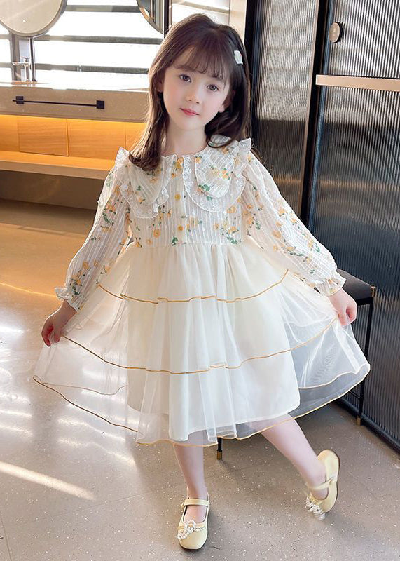 Elegant Apricot Peter Pan Collar Tulle Patchwork Girls Dress Long Sleeve XZ069 FALL-MM-RCTZ-FDGL240618