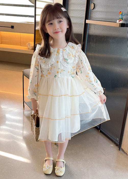 Elegant Apricot Peter Pan Collar Tulle Patchwork Girls Dress Long Sleeve XZ069 FALL-MM-RCTZ-FDGL240618