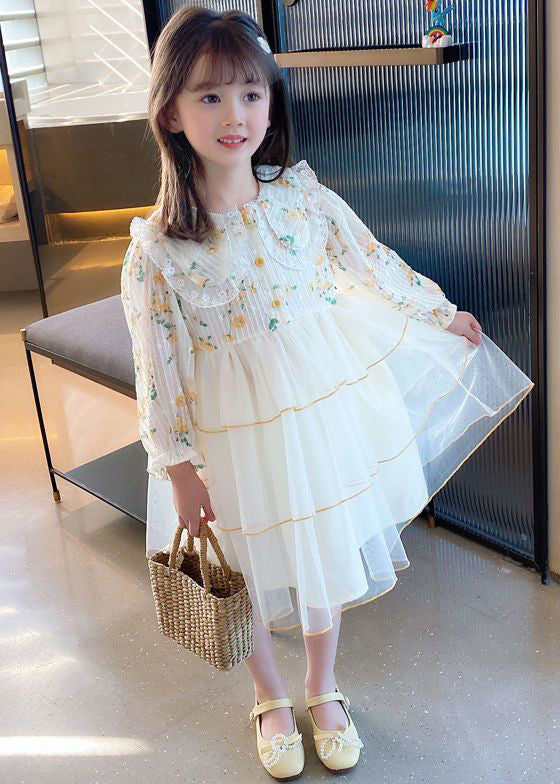 Elegant Apricot Peter Pan Collar Tulle Patchwork Girls Dress Long Sleeve XZ069 FALL-MM-RCTZ-FDGL240618