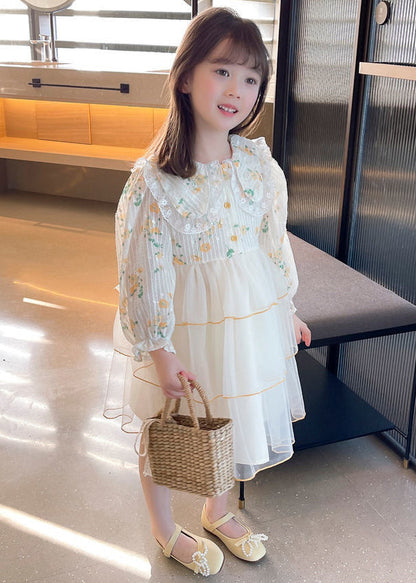 Elegant Apricot Peter Pan Collar Tulle Patchwork Girls Dress Long Sleeve XZ069 FALL-MM-RCTZ-FDGL240618