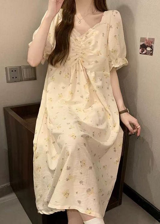 Elegant Apricot Print Ruffled Cotton Pajamas Dress V Neck Summer YK009 ABC