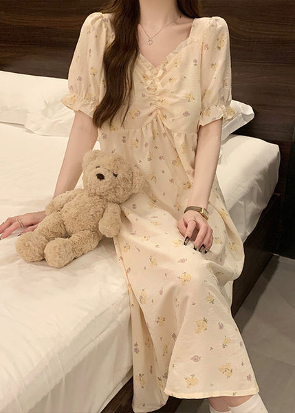 Elegant Apricot Print Ruffled Cotton Pajamas Dress V Neck Summer YK009 ABC