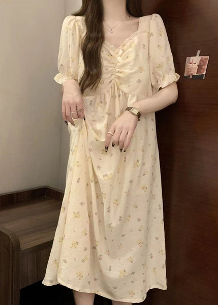 Elegant Apricot Print Ruffled Cotton Pajamas Dress V Neck Summer YK009 ABC