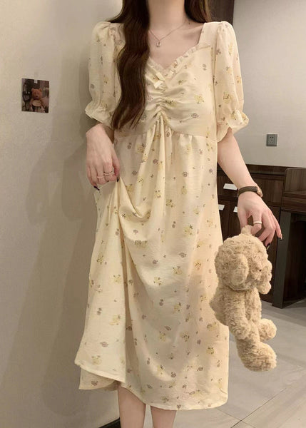 Elegant Apricot Print Ruffled Cotton Pajamas Dress V Neck Summer YK009 ABC