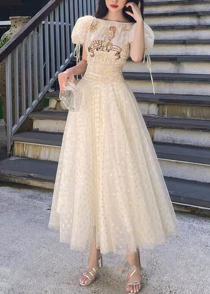 Elegant Apricot Ruffled Elastic Waist Tulle Long Dresses Summer KK028 SH-LF-SDL240602