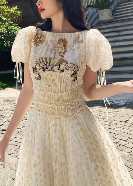 Elegant Apricot Ruffled Elastic Waist Tulle Long Dresses Summer KK028 SH-LF-SDL240602