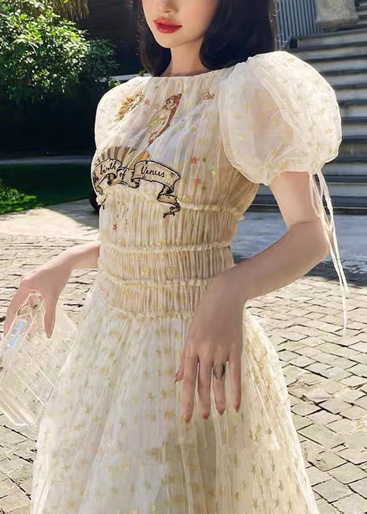 Elegant Apricot Ruffled Elastic Waist Tulle Long Dresses Summer KK028 SH-LF-SDL240602