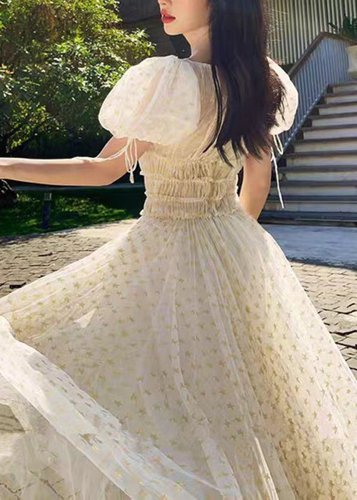 Elegant Apricot Ruffled Elastic Waist Tulle Long Dresses Summer KK028 SH-LF-SDL240602