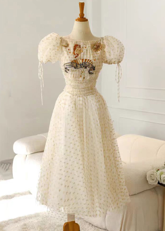 Elegant Apricot Ruffled Elastic Waist Tulle Long Dresses Summer KK028 SH-LF-SDL240602