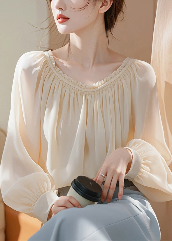 Elegant Apricot Ruffled Solid Chiffon Shirt Spring TY008