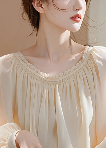 Elegant Apricot Ruffled Solid Chiffon Shirt Spring TY008