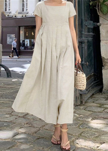 Elegant Apricot Square Collar Wrinkled Cotton Long Dress Summer FF031 MZF-SDL240607