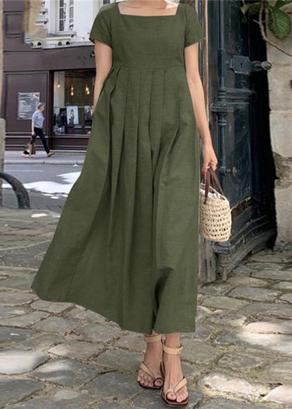 Elegant Apricot Square Collar Wrinkled Cotton Long Dress Summer FF031 MZF-SDL240607