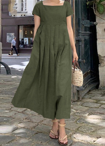 Elegant Apricot Square Collar Wrinkled Cotton Long Dress Summer FF031 MZF-SDL240607