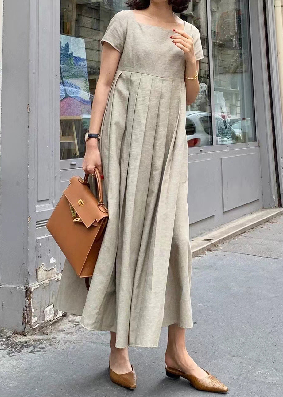 Elegant Apricot Square Collar Wrinkled Cotton Long Dress Summer FF031 MZF-SDL240607