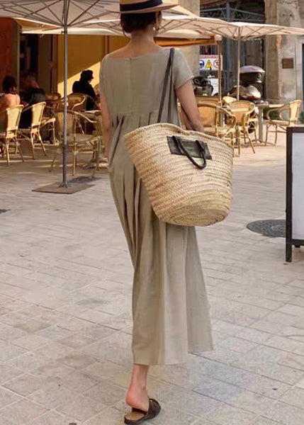 Elegant Apricot Square Collar Wrinkled Cotton Long Dress Summer FF031 MZF-SDL240607