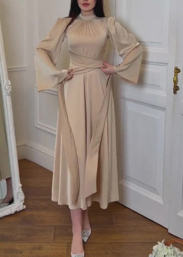 Elegant Apricot Stand Collar Lace Up Silk Dress Fall WO058 OM-ZS241108