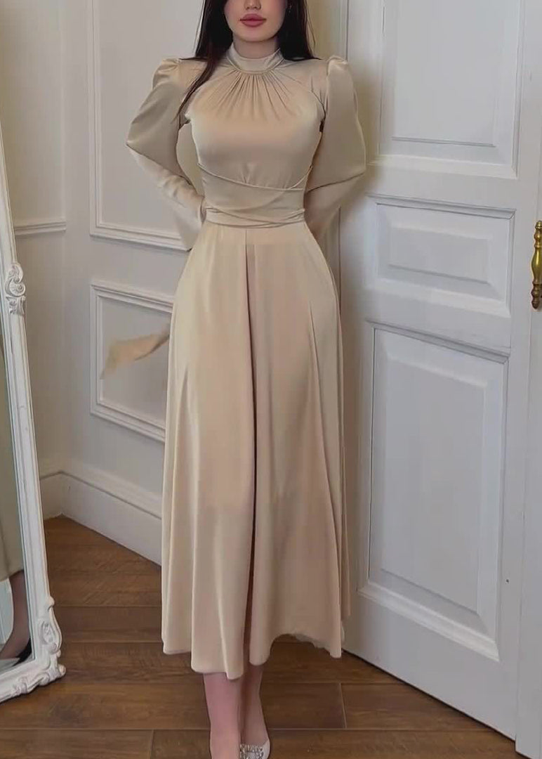Elegant Apricot Stand Collar Lace Up Silk Dress Fall WO058 OM-ZS241108