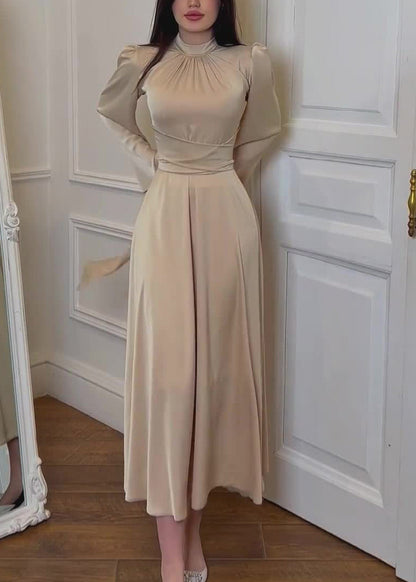 Elegant Apricot Stand Collar Lace Up Silk Dress Fall WO058 OM-ZS241108