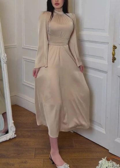 Elegant Apricot Stand Collar Lace Up Silk Dress Fall WO058 OM-ZS241108