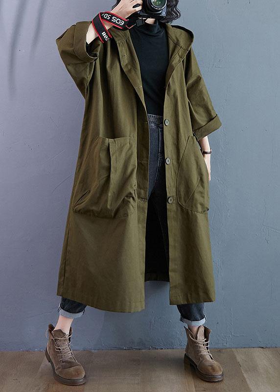 Elegant Army Green Pockets Button Fall Hooded Long sleeve Trench Coats QS061 WT-WG-TCT210914