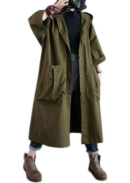 Elegant Army Green Pockets Button Fall Hooded Long sleeve Trench Coats QS061 WT-WG-TCT210914